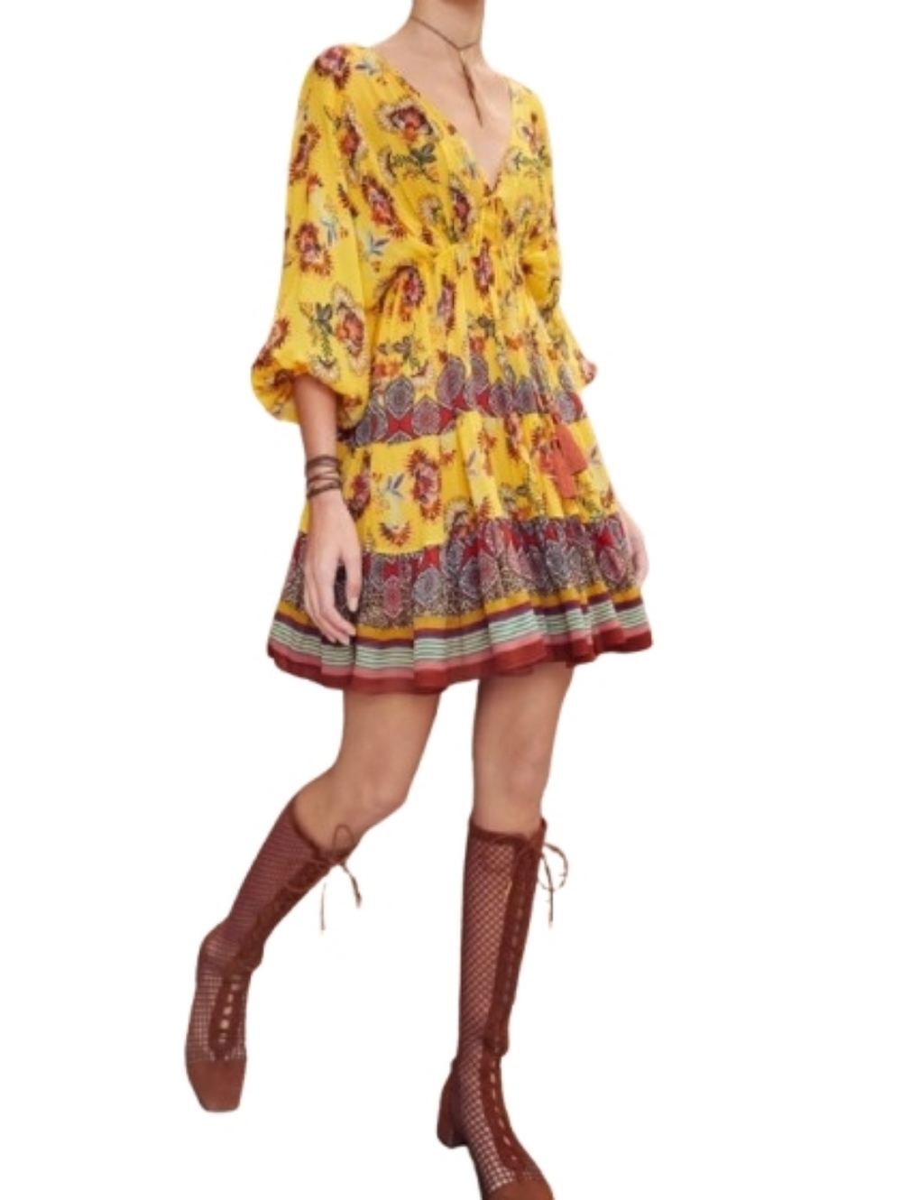 Alexis Holli Floral Mini Dress Yellow Boho Tassel Tie Waist Puff Sleeve M